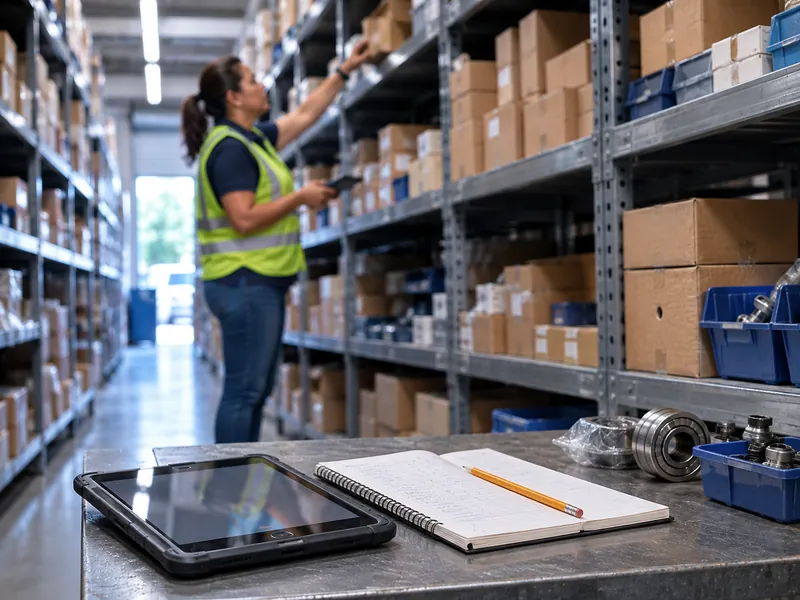 Control de inventario en tableta y en cuaderno dentro de una bodega de repuestos