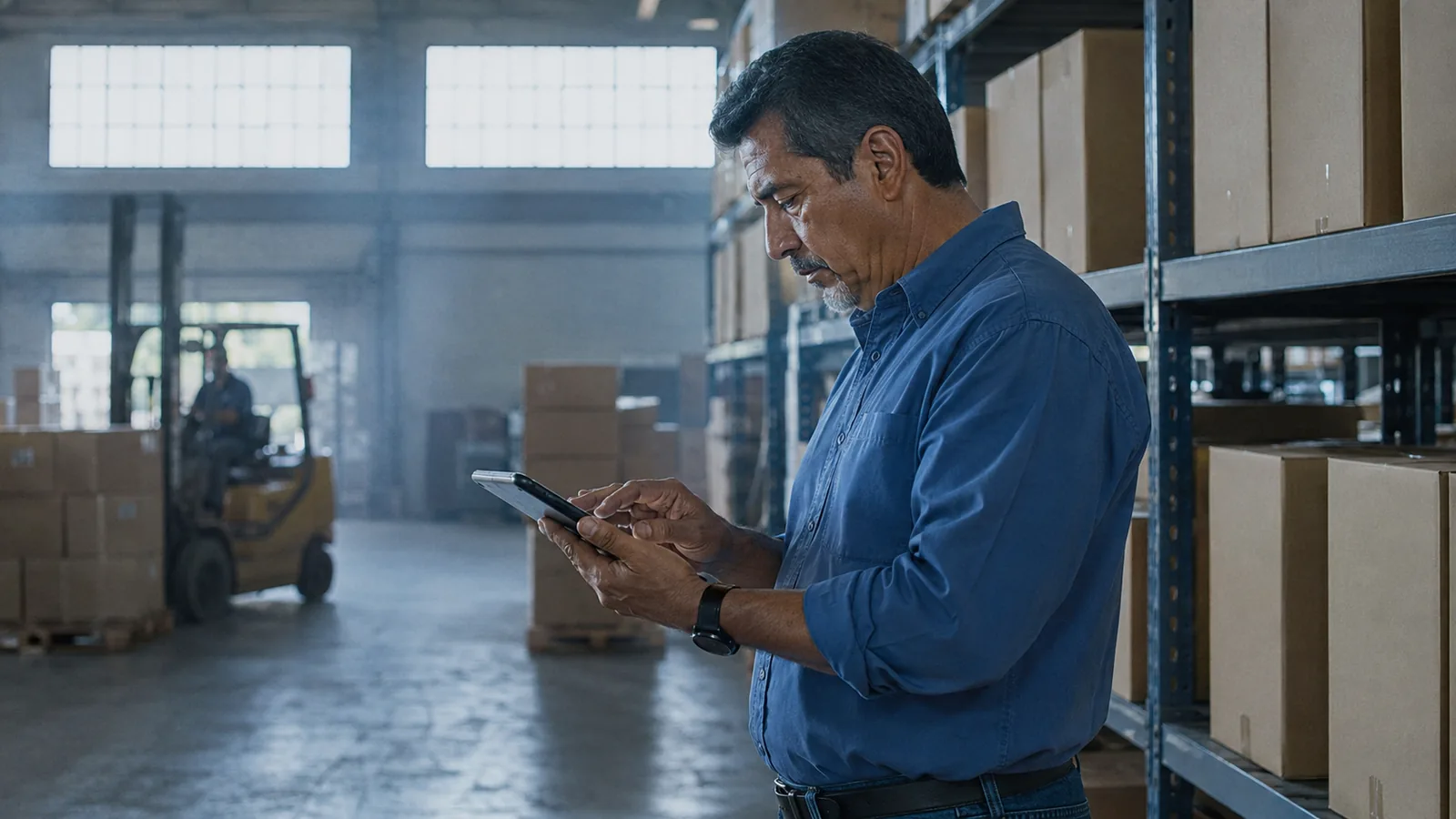 Supervisor revisando el inventario en una tableta dentro de un centro de distribución